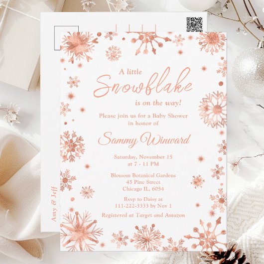 Rose Gold Schneeflocken Winter Baby Dusche Postkarte