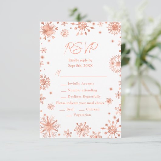 Rose Gold Schneeflocken Wintermesse RSVP Karte (Stehend Vorderseite)