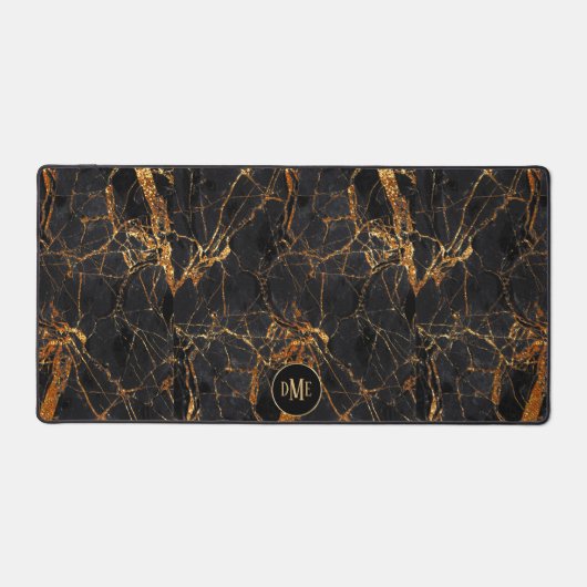 Rose Gold Schnürschwarz Marmormonogramm Schreibtischunterlage (Vorderseite)