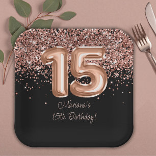 Rose Gold Schwarz 15. Geburtstagsfeier Pappteller