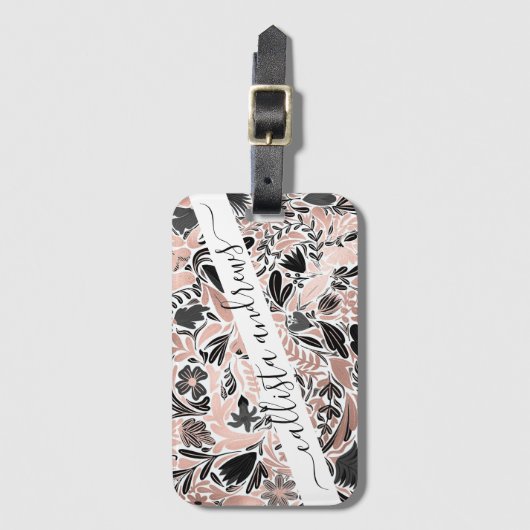 Rose Gold Schwarz Blütenblatt Illustrationsmuster Gepäckanhänger (Vorderseite Vertikal)
