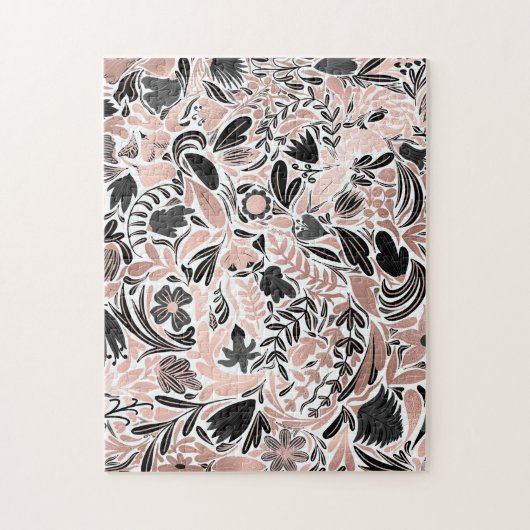 Rose Gold Schwarz Blütenblatt Illustrationsmuster Puzzle (Vertikal)