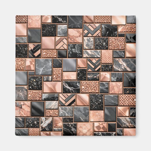 Rose Gold Schwarz Marmor Mosaik Magnet (Vorne)
