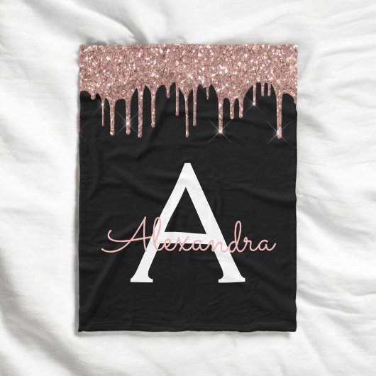 Rose Gold - Schwarz rosa Glitzer Schwarzes Monogra Fleecedecke