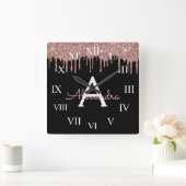 Rose Gold - Schwarz rosa Glitzer Schwarzes Monogra Quadratische Wanduhr (Zuhause)