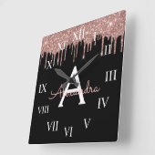 Rose Gold - Schwarz rosa Glitzer Schwarzes Monogra Quadratische Wanduhr (Winkel)