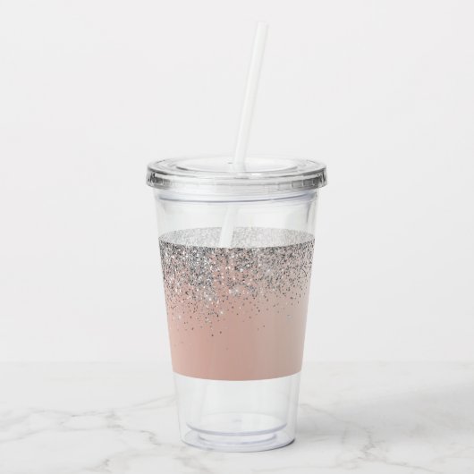 Rose Gold - Schwarz Rosa Silber Glitzer Monogramm Acryltrinkbecher (Rückseite)