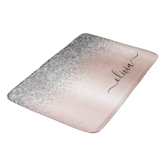Rose Gold - Schwarz Rosa Silber Glitzer Monogramm Badematte (Schrägansicht)