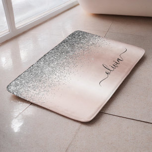 Rose Gold - Schwarz Rosa Silber Glitzer Monogramm Badematte