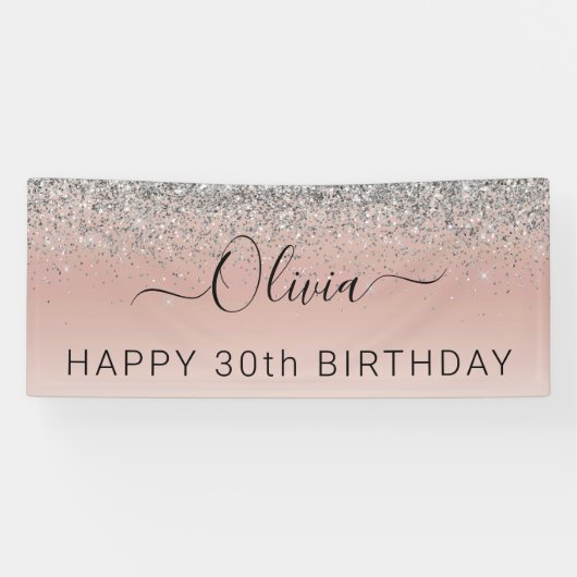 Rose Gold - Schwarz Rosa Silber Glitzer Monogramm Banner (Horizontal)