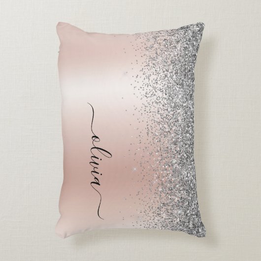 Rose Gold - Schwarz Rosa Silber Glitzer Monogramm Dekokissen (Vorderseite(Vertikal))