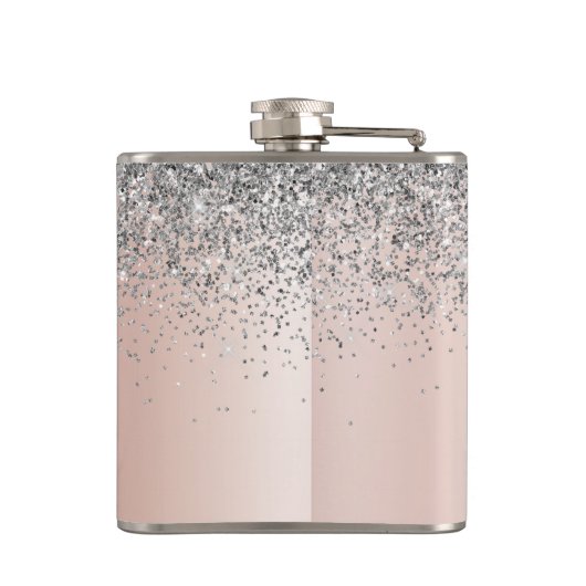 Rose Gold - Schwarz Rosa Silber Glitzer Monogramm Flachmann (Rückseite)