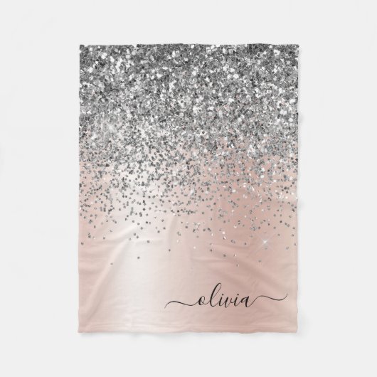 Rose Gold - Schwarz Rosa Silber Glitzer Monogramm Fleecedecke (Vorderseite)