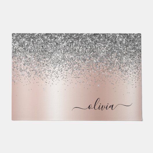 Rose Gold - Schwarz Rosa Silber Glitzer Monogramm Fußmatte (Vorderseite)