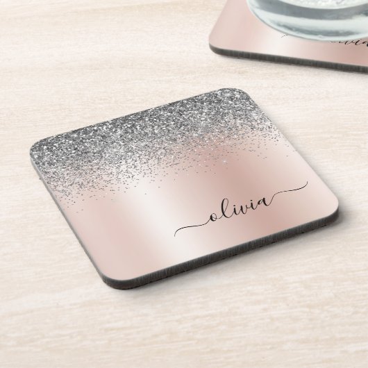 Rose Gold - Schwarz Rosa Silber Glitzer Monogramm Getränkeuntersetzer (Linke Seite)