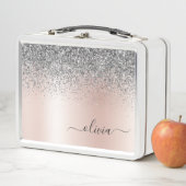 Rose Gold - Schwarz Rosa Silber Glitzer Monogramm Metall Brotdose (Beispiel)
