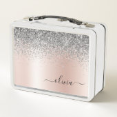 Rose Gold - Schwarz Rosa Silber Glitzer Monogramm Metall Brotdose (Rückseite)