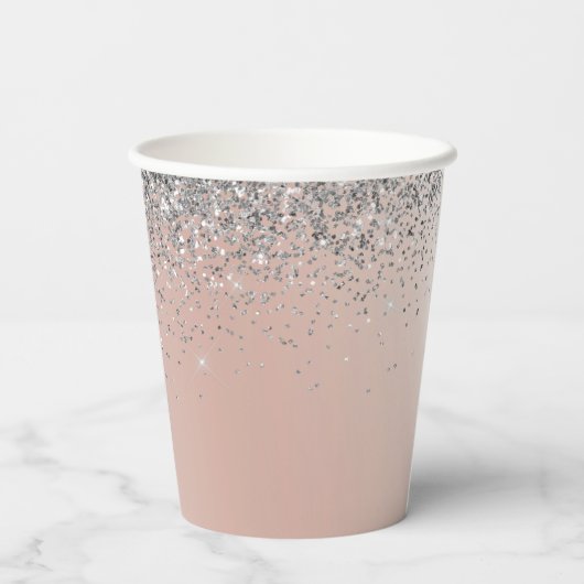 Rose Gold - Schwarz Rosa Silber Glitzer Monogramm Pappbecher (Rückseite)