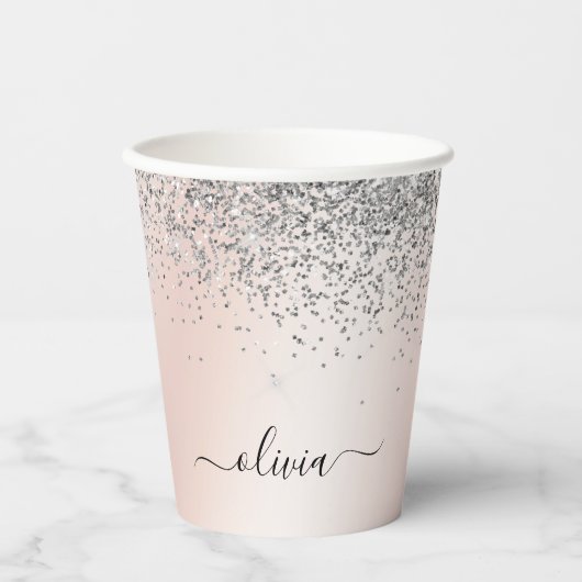 Rose Gold - Schwarz Rosa Silber Glitzer Monogramm Pappbecher (Vorderseite)
