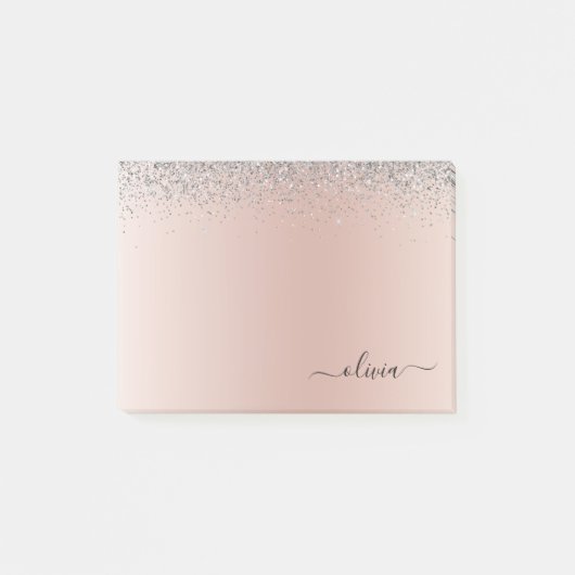 Rose Gold - Schwarz Rosa Silber Glitzer Monogramm Post-it Klebezettel (Vorderseite)