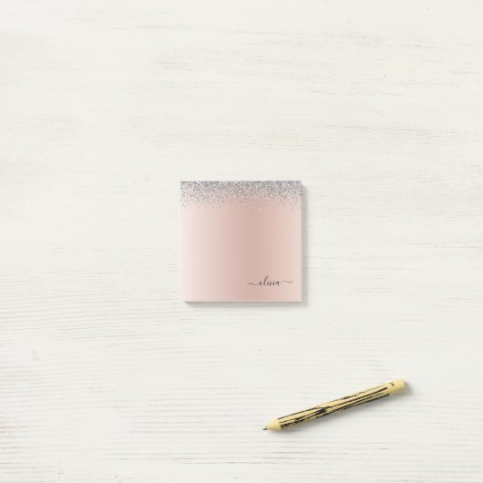 Rose Gold - Schwarz Rosa Silber Glitzer Monogramm Post-it Klebezettel (Auf Schreibtisch)