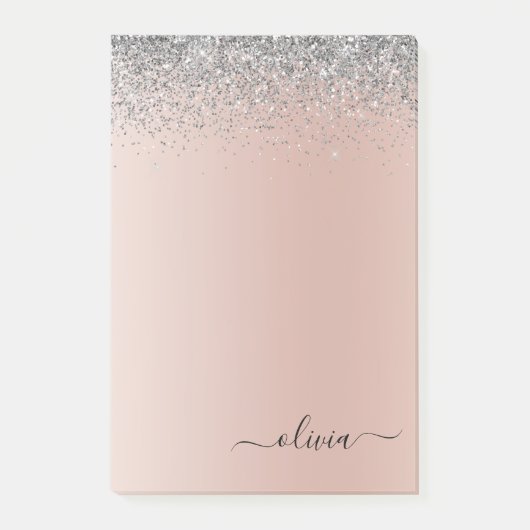 Rose Gold - Schwarz Rosa Silber Glitzer Monogramm Post-it Klebezettel (Vorderseite)