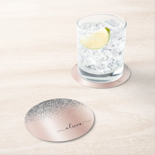 Rose Gold - Schwarz Rosa Silber Glitzer Monogramm Runder Pappuntersetzer (Vor Ort)