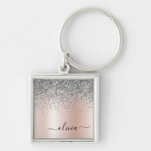 Rose Gold - Schwarz Rosa Silber Glitzer Monogramm Schlüsselanhänger