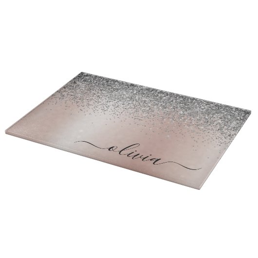 Rose Gold - Schwarz Rosa Silber Glitzer Monogramm Schneidebrett (Ecke)