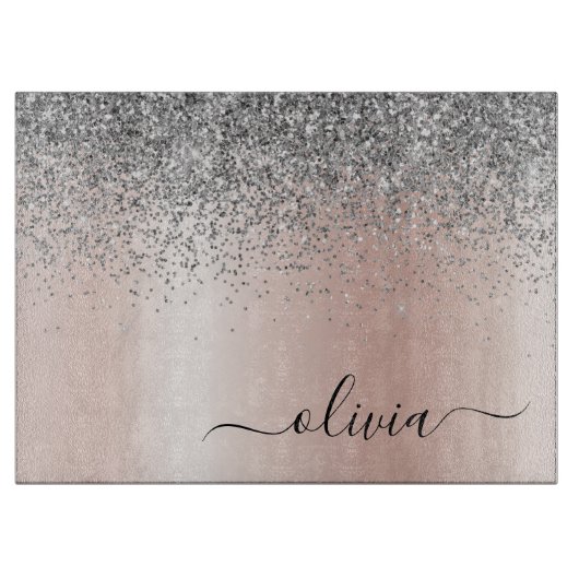 Rose Gold - Schwarz Rosa Silber Glitzer Monogramm Schneidebrett (Vorderseite)