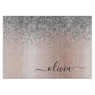 Rose Gold - Schwarz Rosa Silber Glitzer Monogramm Schneidebrett