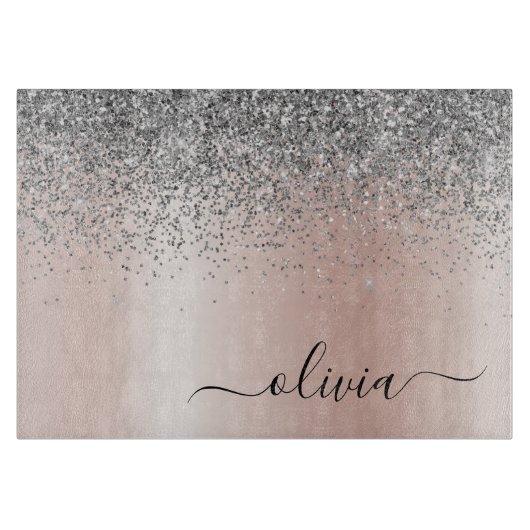 Rose Gold - Schwarz Rosa Silber Glitzer Monogramm Schneidebrett (Vorderseite)
