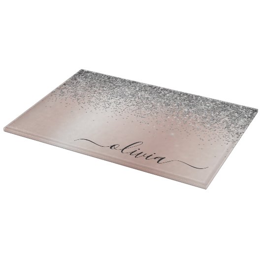 Rose Gold - Schwarz Rosa Silber Glitzer Monogramm Schneidebrett (Ecke)