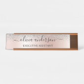 Rose Gold - Schwarz Rosa Silber Glitzer Monogramm Schreibtischnamensplakette (Vorderseite )