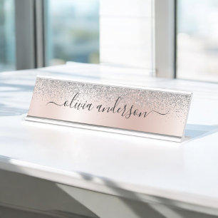 Rose Gold - Schwarz Rosa Silber Glitzer Monogramm Schreibtischnamensplakette