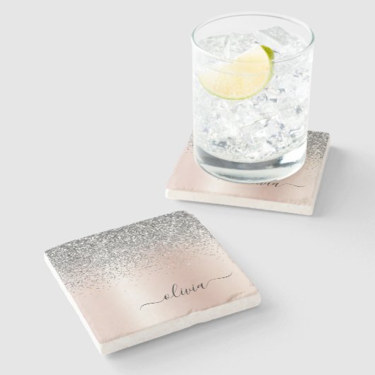 Rose Gold - Schwarz Rosa Silber Glitzer Monogramm Steinuntersetzer (Seitenansicht)