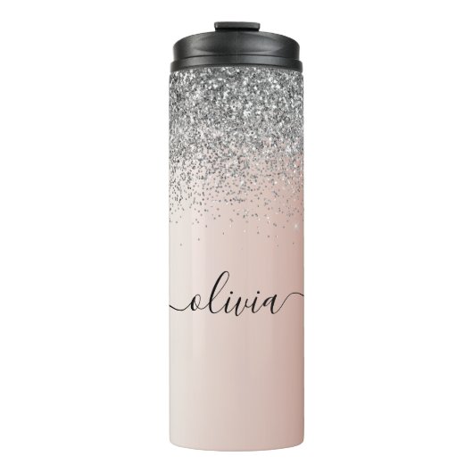 Rose Gold - Schwarz Rosa Silber Glitzer Monogramm Thermosbecher (Vorderseite)