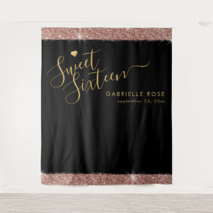 Rose Gold Schwarz Sweet 16 Glitter Konfetti Hinter Wandteppich