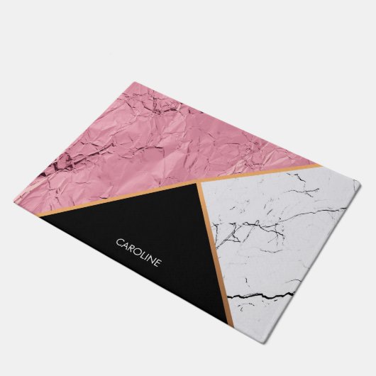 Rose Gold Schwarz-Weiß-Marmor-Muster Fußmatte (Schrägansicht)