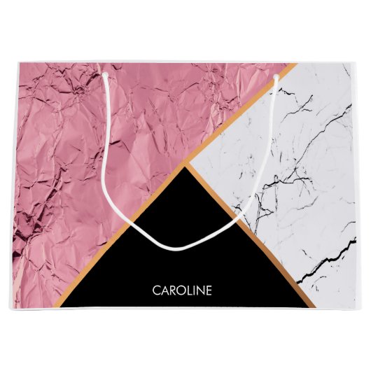 Rose Gold Schwarz-Weiß-Marmor-Muster Große Geschenktüte (Vorderseite)