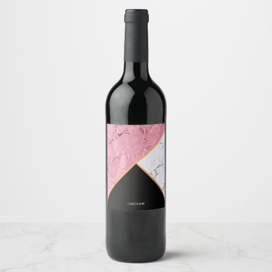 Rose Gold Schwarz-Weiß-Marmor-Muster Weinetikett (Vorderseite)