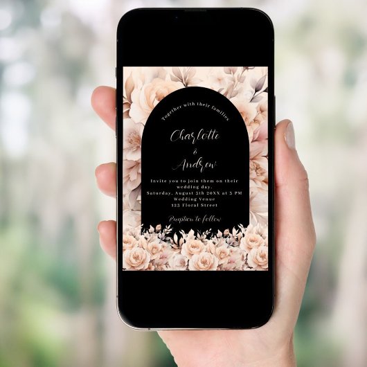 Rose Gold Schwarze Rose Blumengarn Elegante Hochze Einladung