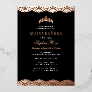 Rose Gold schwarze Spitzen-Tiara Quinceanera Folie Folieneinladung