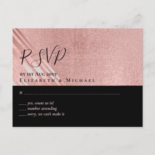 Rose Gold Schwarzer Glitzer Foil Look WEDING RSVP Postkarte (Vorderseite)