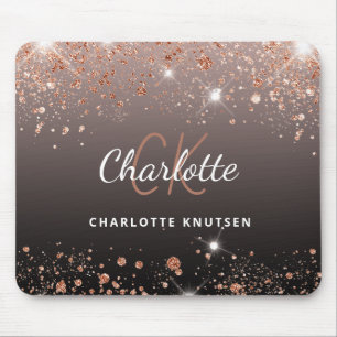 Rose Gold Schwarzer Glitzer Monogramm Name Mousepad