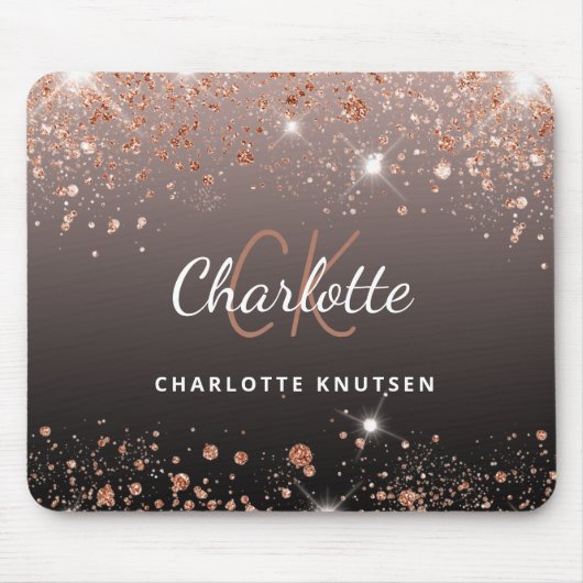Rose Gold Schwarzer Glitzer Monogramm Name Mousepad (Vorne)