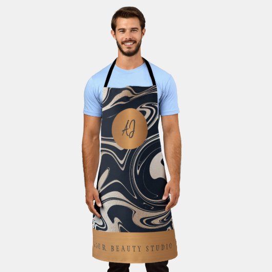 Rose Gold Schwarzer Marmor Muster Salon Name Monog Schürze (Getragen)