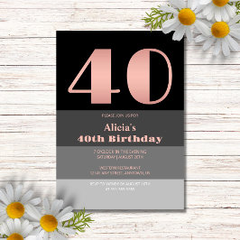 Rose Gold Script Black Gray Streifen 40. Geburtsta Einladung
