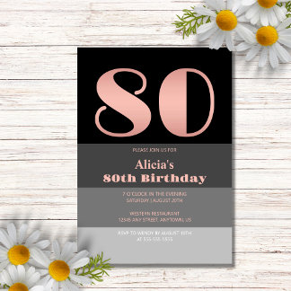 Rose Gold Script Black Gray Streifen 80. Geburtsta Einladung