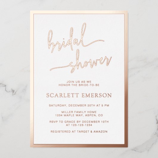 Rose Gold Script Brautparty Folieneinladung (Vorderseite)